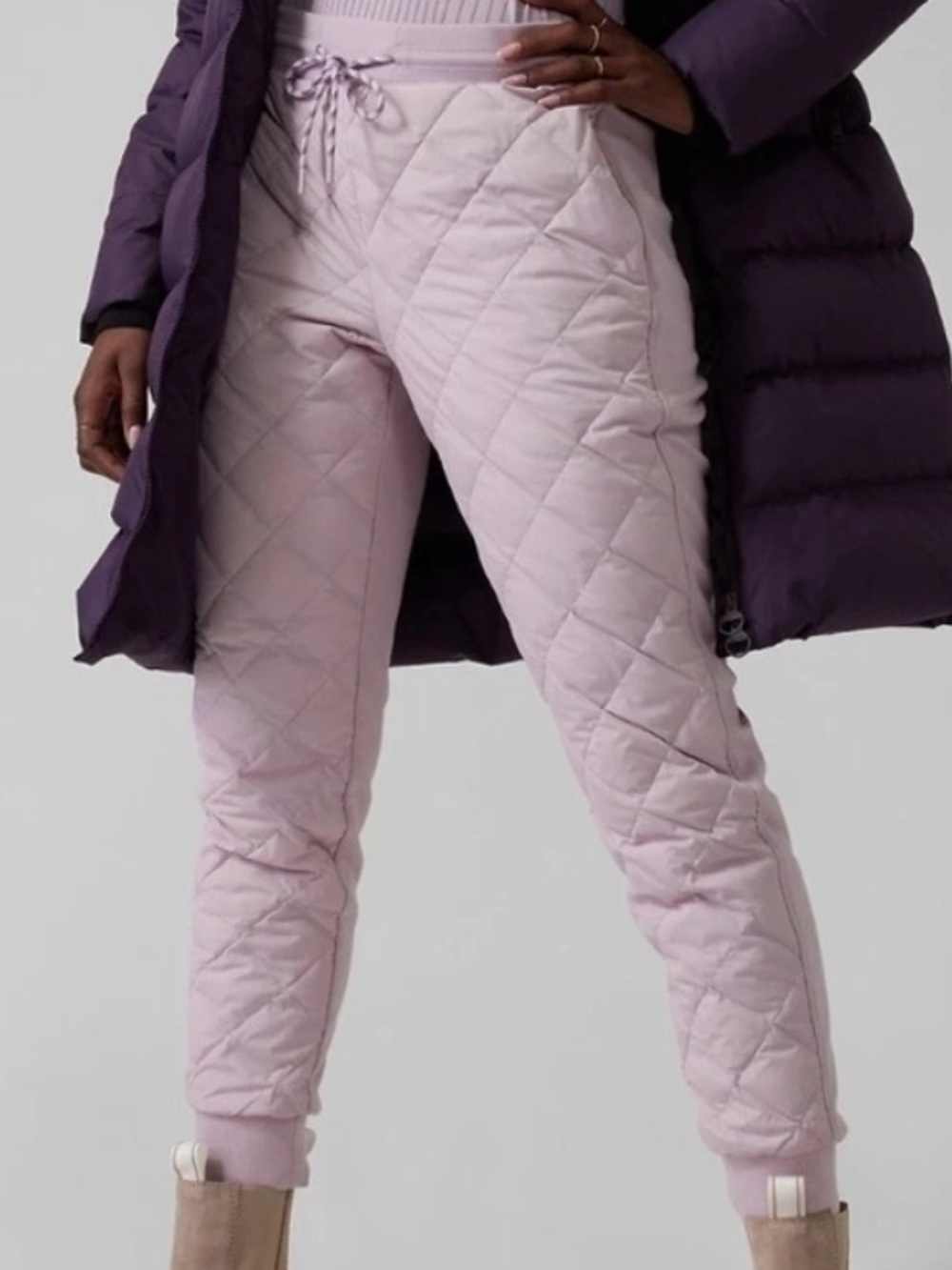 Athleta Apres Ski Goose Down Quilted Mid Rise Jogger Pants Lilac Purple Size 2
